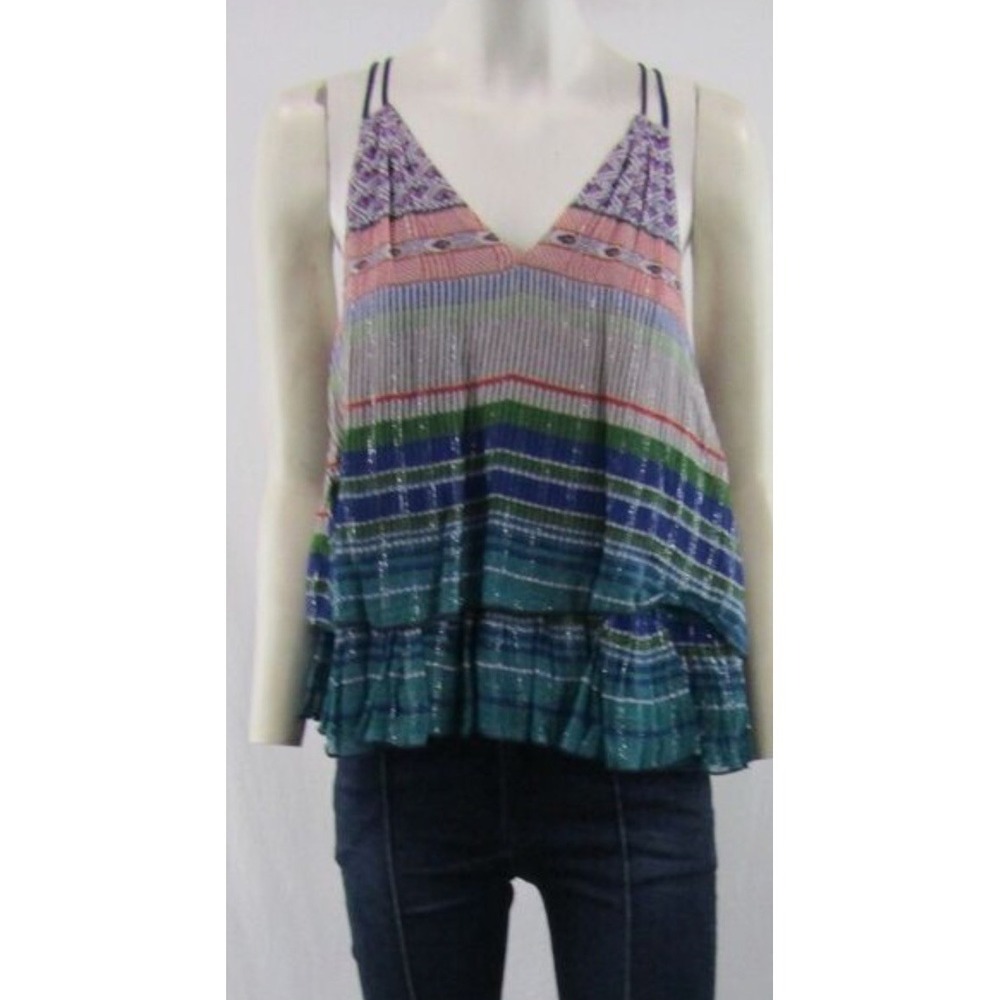 NWT Maeve Anthropologie Multicolor Striped Sleeveless Blouse V-Neck Ruffle 1X